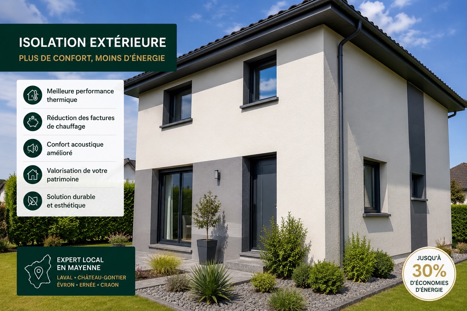 Maison rénovée avec isolation thermique par l’extérieur et façade moderne en Mayenne