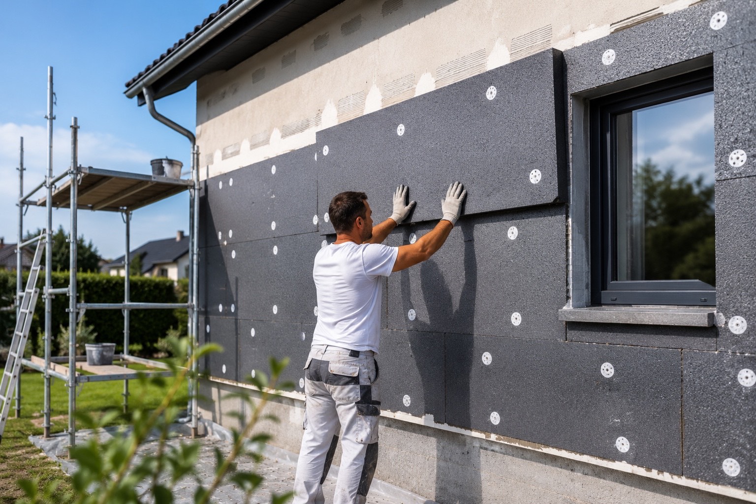Isolation extérieure en Mayenne avec pose d’isolant thermique sur façade de maison
